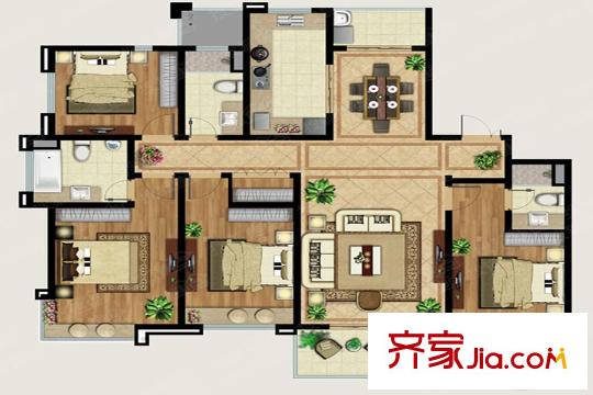 明月天瓏灣152―157幢標(biāo)準(zhǔn)層B戶型 4室2廳3衛(wèi)1廚