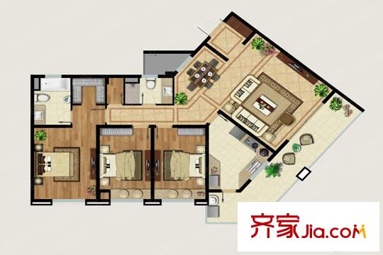 明月天瓏灣152―157幢標(biāo)準(zhǔn)層A戶型 3室2廳2衛(wèi)1廚