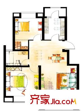 天華硅谷18#、21#標(biāo)準(zhǔn)層B戶型圖 2室2廳1衛(wèi)1廚