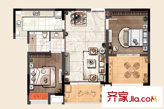 琥珀森林二期9-15號樓標(biāo)準(zhǔn)層E戶型 2室2廳1衛(wèi)1廚
