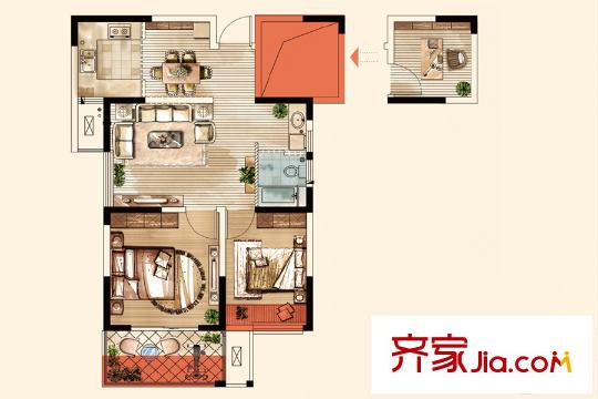 冠城大通藍(lán)郡二期B組團(tuán)1-5、7、11、29號(hào)樓標(biāo)準(zhǔn)層A戶型 2室2廳1衛(wèi)