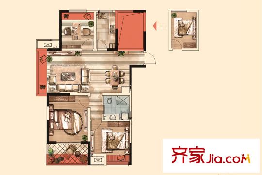 冠城大通藍(lán)郡二期B組團(tuán)13、15、17、19號(hào)樓標(biāo)準(zhǔn)層G戶(hù)型 3室2廳1衛(wèi)1廚