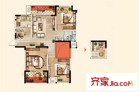 冠城大通藍(lán)郡二期B組團(tuán)6、8、12、14號(hào)樓標(biāo)準(zhǔn)層D戶型 3室2廳1衛(wèi)1廚