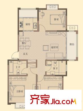 山河城戶型圖4#一單元01戶型 3室2廳2衛(wèi)1廚