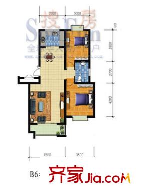 城建陽光山色戶型圖B6樓標(biāo)準(zhǔn)戶型2 2室2廳1衛(wèi)1廚