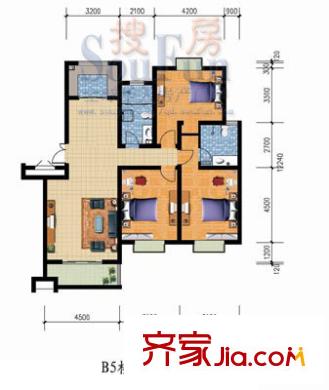城建陽光山色戶型圖B5樓標(biāo)準(zhǔn)戶型2 3室2廳2衛(wèi)1廚