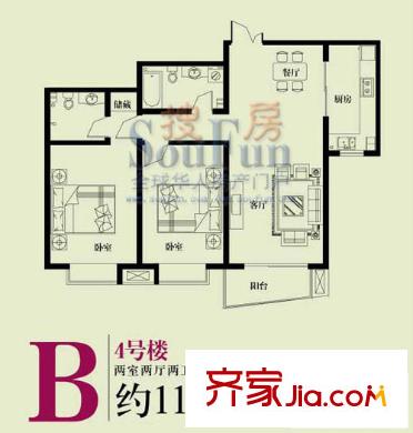 中南海灣新城戶型圖4號(hào)標(biāo)準(zhǔn)層B戶型 2室2廳2衛(wèi)