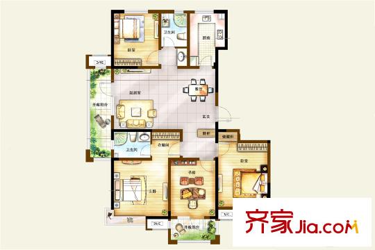 卓越皇后道1#、2#、3#樓標(biāo)準(zhǔn)層西戶D2戶型 4室2廳2衛(wèi)1廚