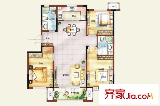 卓越皇后道1#、2#、3#樓標(biāo)準(zhǔn)層中間戶C2戶型 3室2廳2衛(wèi)1廚