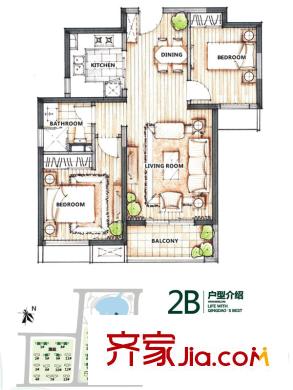 萬科生態(tài)城戶型圖3#、4#12號樓2B戶型 2室2廳1衛(wèi)1廚
