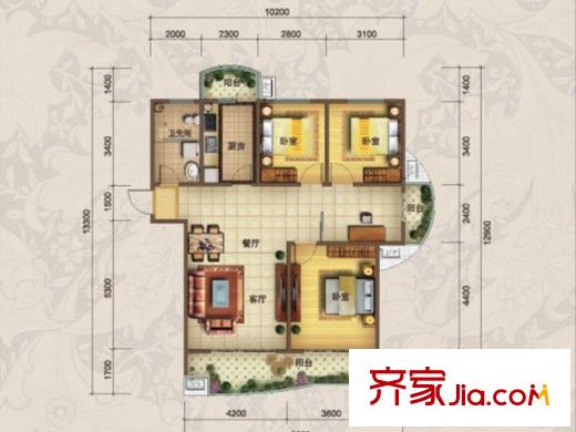 青建依山半島戶型圖一期1、2號(hào)樓標(biāo)準(zhǔn)層H戶型 3室2廳1衛(wèi)1廚