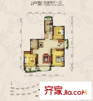 青建依山半島戶型圖一期1、2號(hào)樓標(biāo)準(zhǔn)層J戶型 4室2廳1衛(wèi)1廚