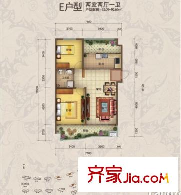 青建依山半島戶型圖一期10號(hào)樓標(biāo)準(zhǔn)層E戶型 2室2廳1衛(wèi)1廚