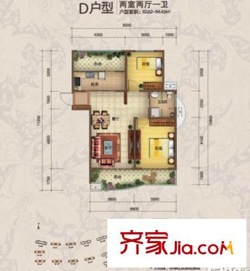 青建依山半島戶型圖一期1、2號(hào)樓標(biāo)準(zhǔn)層D戶型 2室2廳1衛(wèi)1廚
