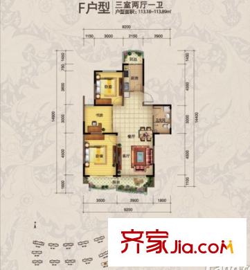 青建依山半島戶型圖一期10號(hào)樓標(biāo)準(zhǔn)層F戶型 3室2廳1衛(wèi)1廚
