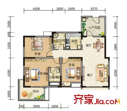嘉來盛世華庭A-3戶型 3室2廳2衛(wèi)1廚