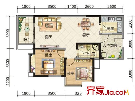 嘉來盛世華庭高層A-2戶型 2室2廳1衛(wèi)1廚