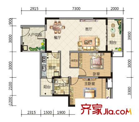 嘉來盛世華庭A-5戶型 2室2廳1衛(wèi)1廚