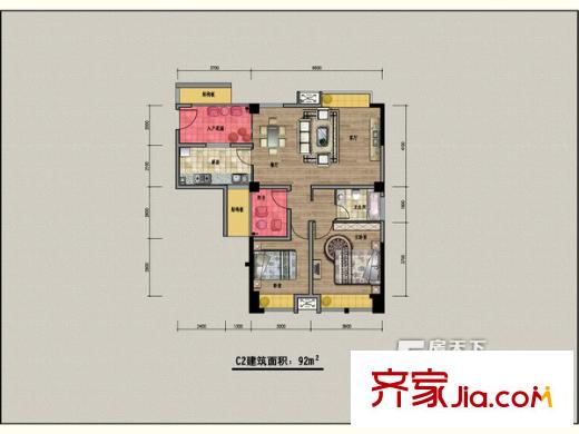 美林西岸2、3、4、5、6#C2戶型  2室2廳1衛(wèi)1廚