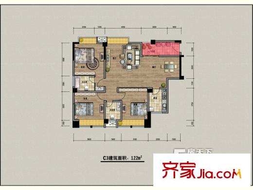 美林西岸2、3、4、5、6#C3戶型  2室1廳1衛(wèi)1廚