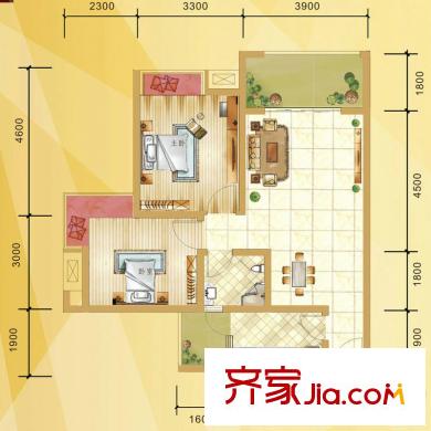 同立悅城A3戶型 2室2廳1衛(wèi)1廚