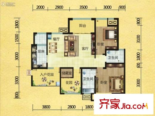 華西歐洲花園A1戶型 3室2廳2衛(wèi)1廚