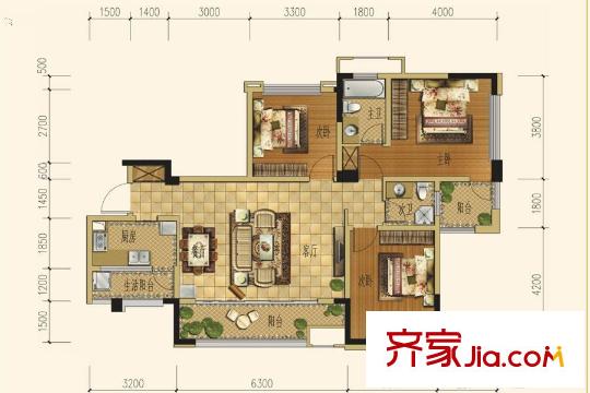 三江國際麗城C區(qū)瀾岸C去瀾岸H戶型 3室2廳2衛(wèi)1廚