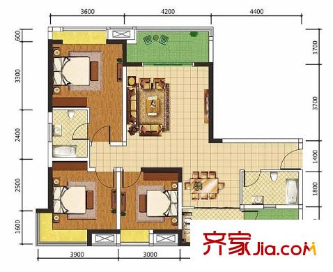 卓信金楠天街二期E1戶(hù)型 3室2廳2衛(wèi)1廚