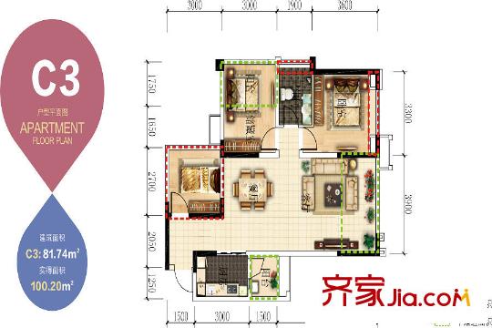 海珂花郡c3戶型 3室2廳1衛(wèi)1廚