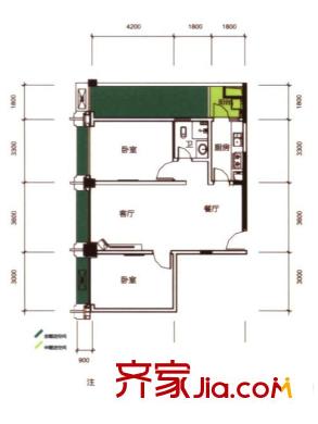 華美美立方1號樓E2戶型 2室2廳1衛(wèi)1廚