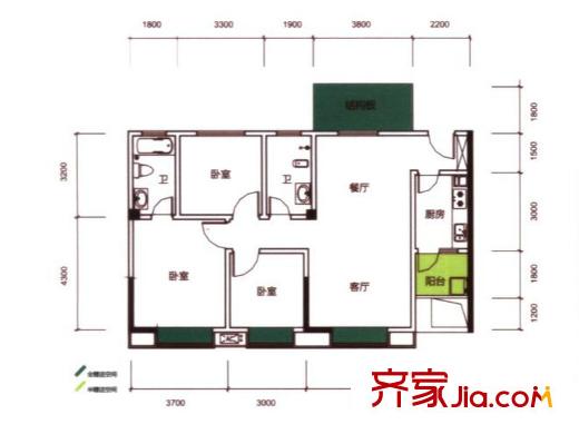 華美美立方9號(hào)樓D3戶(hù)型 3室2廳2衛(wèi)1廚