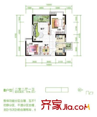 耀森粼江峰閣B戶型 2室2廳1衛(wèi)1廚