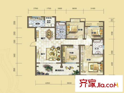 匯川喜來公社C2戶型 4室2廳2衛(wèi)1廚