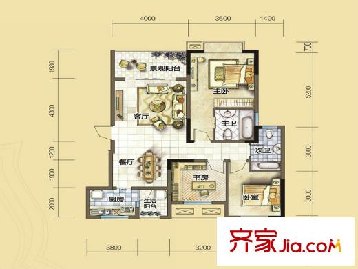 匯川喜來公社D3戶型 3室2廳2衛(wèi)1廚
