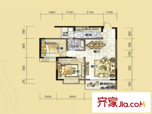 匯川喜來公社E2戶型 2室2廳1衛(wèi)1廚