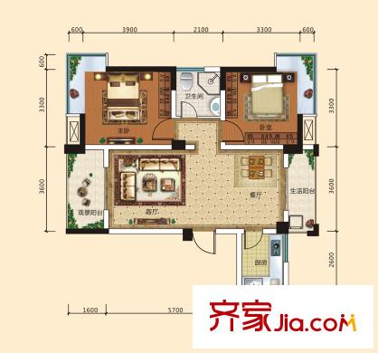 啟明星康林水郡2-F戶(hù)型 2室2廳1衛(wèi)1廚