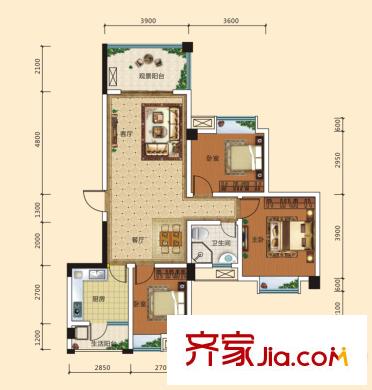 啟明星康林水郡2-D戶(hù)型 3室2廳1衛(wèi)1廚