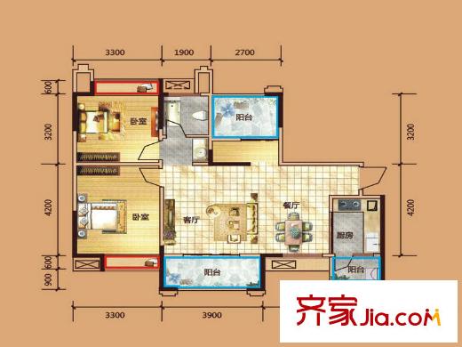 紫金城A1戶型 2室2廳1衛(wèi)1廚