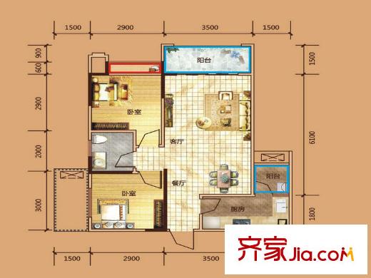 紫金城A2戶型 2室2廳1衛(wèi)1廚