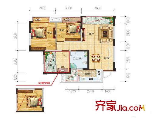 中瑋海潤城B1戶型 3室2廳1衛(wèi)1廚