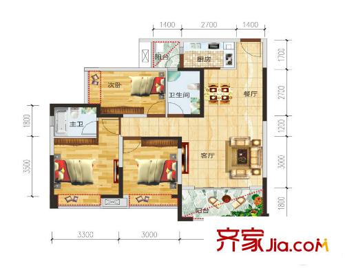 中瑋海潤(rùn)城C3a戶型 3室2廳2衛(wèi)1廚