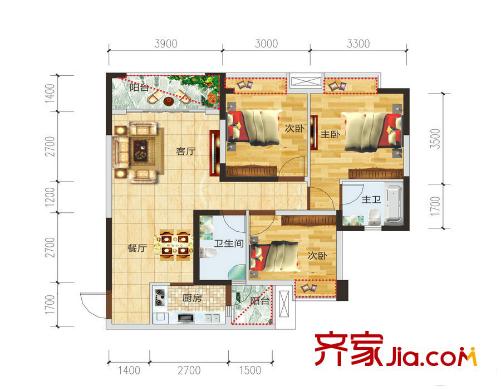 中瑋海潤(rùn)城C2戶型 3室2廳2衛(wèi)1廚