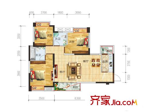 中瑋海潤(rùn)城C1戶型 3室2廳2衛(wèi)1廚