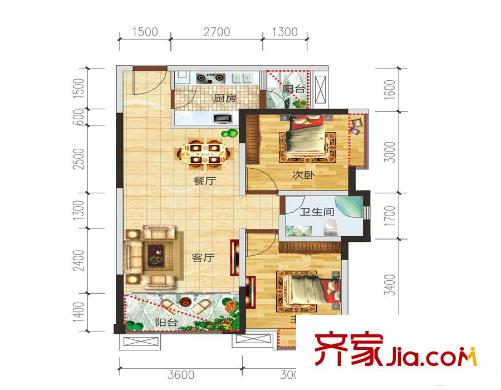 中瑋海潤城A1戶型 2室2廳1衛(wèi)1廚