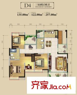 興發(fā)龍溪谷15棟D4-2 3室2廳2衛(wèi)1廚