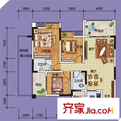 三江尚城一期戶型單-A4戶型 3室2廳2衛(wèi)1廚