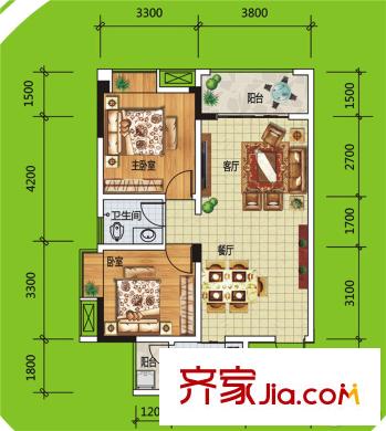 三江尚城一期戶型單-B2戶型 2室2廳1衛(wèi)1廚