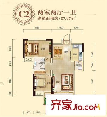 長興?星城C2戶型 2室2廳1衛(wèi)1廚