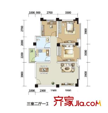 芙蓉金座戶型圖D戶型 3室2廳1衛(wèi)1廚