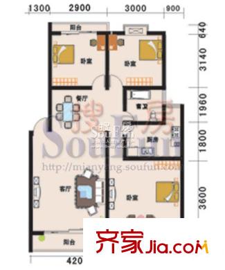 芙蓉山莊戶型圖A5戶型 3室2廳1衛(wèi)1廚